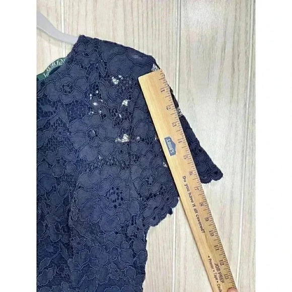 Lauren Ralph Lauren Dress Sz 10 Navy Blue Floral Lace Overlay Classic Cap Sleeve - Picture 8 of 9